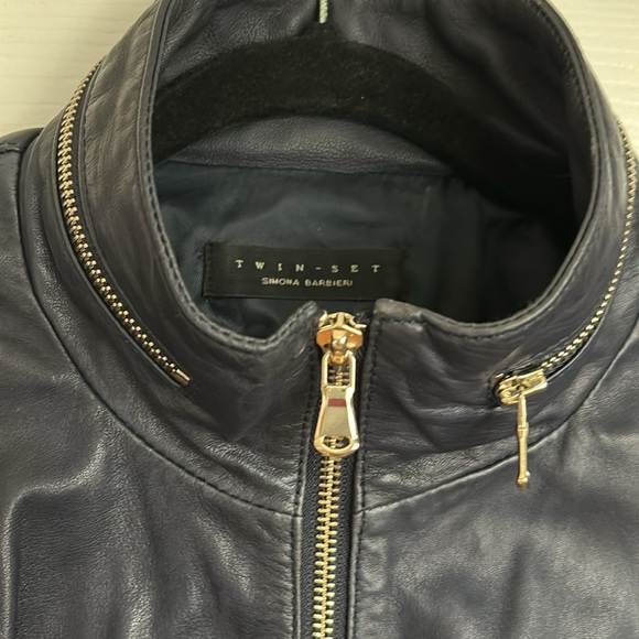 Twin-Set Navy Cropped Leather Jacket - Picture 8 of 11